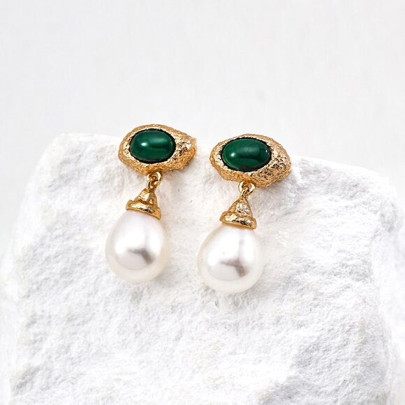 ✨ Artisan Original Malachite & Pearl Drop Earrings | S925 Gold - Picture 1 of 10